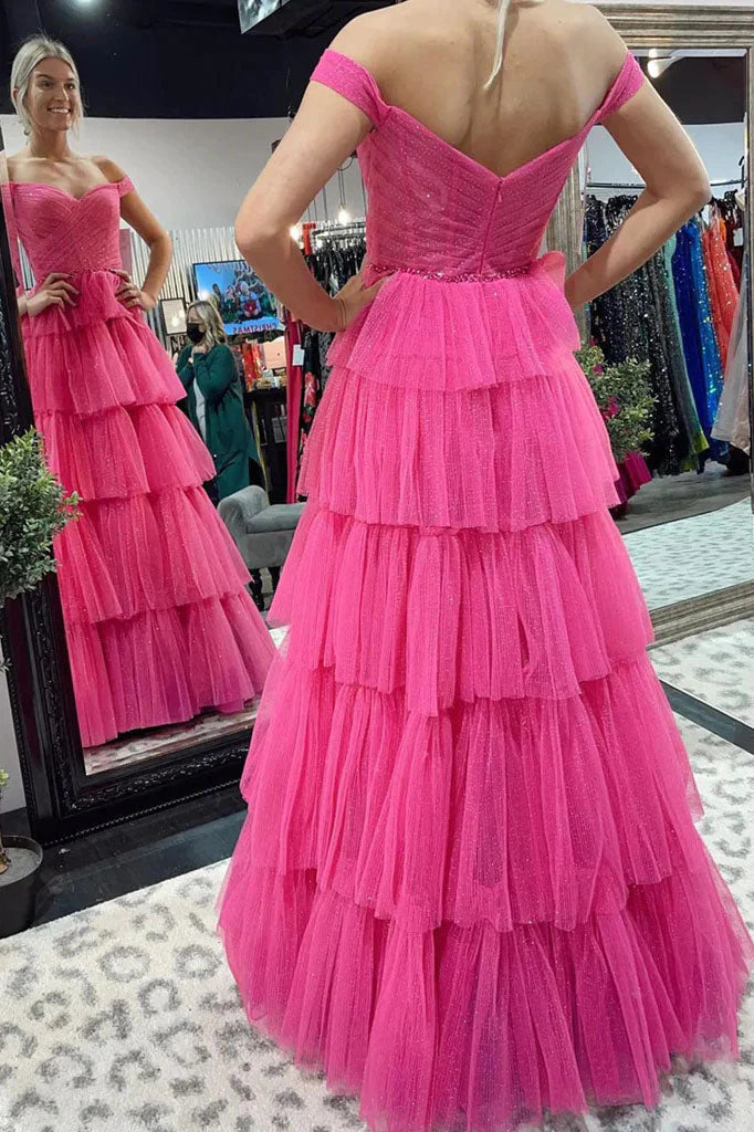Wholesale A-Line Off the Shoulder Hot Pink Cupcake Prom Dresses